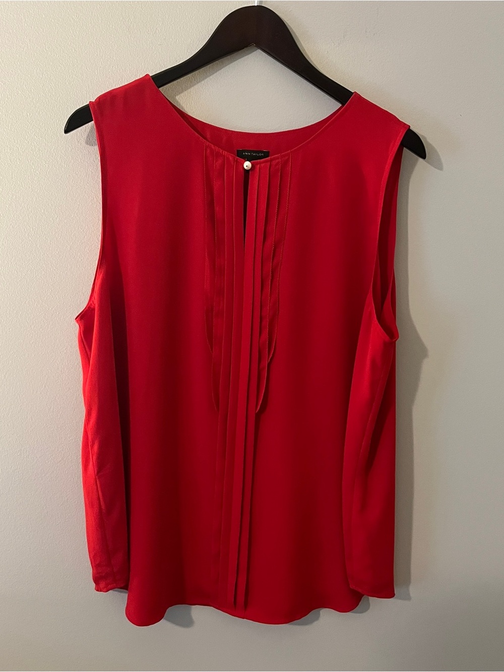 Ann Taylor Red Pleated Front Shell with Pearl Detail